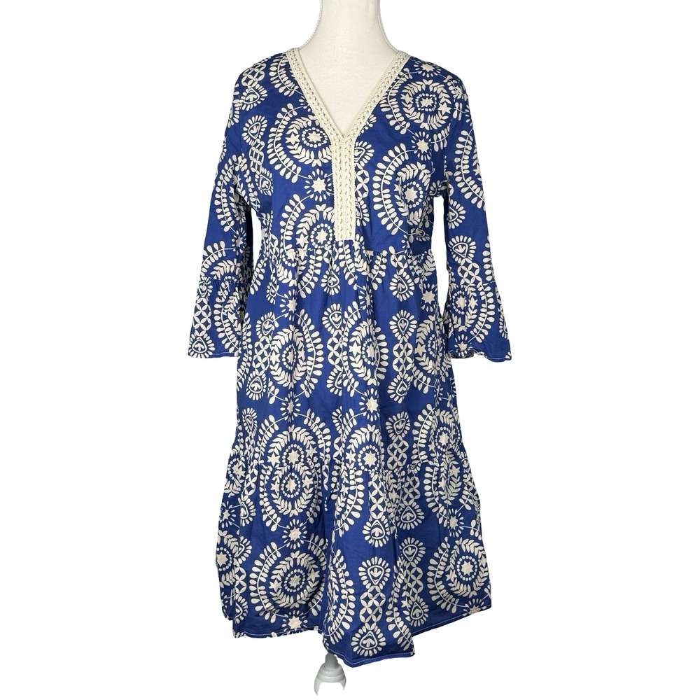 SAIPH Women's Blue White Print V Neck Bell Sleeve Cotton Dress Knee Length Large